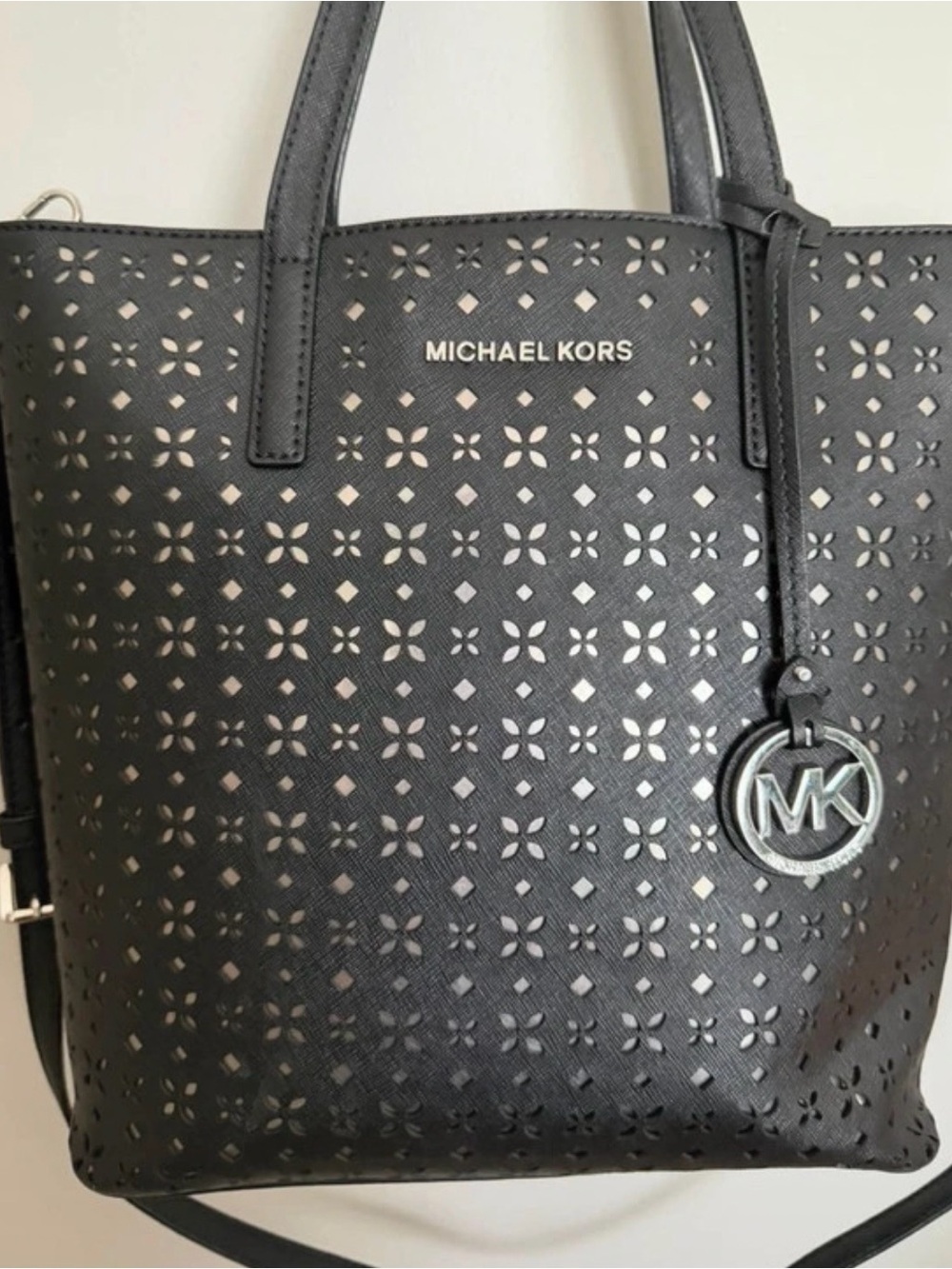 Michael Kors Black Perforated Floral Tote Bag